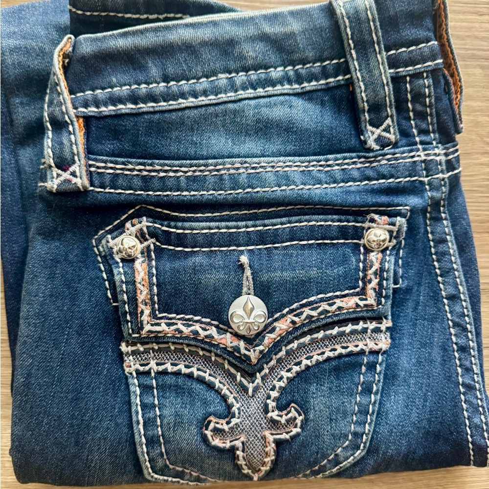 Rock Revival Blue Boot Cut Jeans with Embroidered Pocket